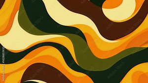 Soft, wavy patterns in earthy tones like mustard yellow, burnt orange, olive green, and deep brown. The shapes flow rhythmically, subtle retro feel, 4k High-Quality background Animation Video