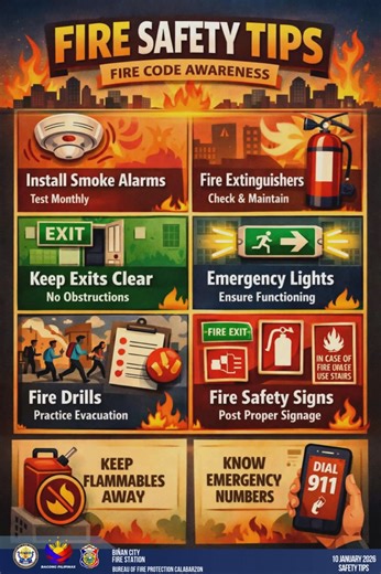 10 January 2026 FIRE SAFETY TIPS Fire Code Awareness 🔔 Install Smoke Alarms Test monthly 🧯 Fire Extinguishers Check and maintain regularly 🚪 Keep Exits Clear No obstructions 💡 Emergency Lights Ensure they are functioning properly 🏃 Fire Drills Practice evacuation regularly 🚨 Fire Safety Signs Post proper signage (Fire Exit, Fire Extinguisher, Stair Use in Case of Fire) 🔥 Keep Flammables Away Store flammable materials safely 📞 Know Emergency Numbers Dial 911 in case of emergency #Disiplin