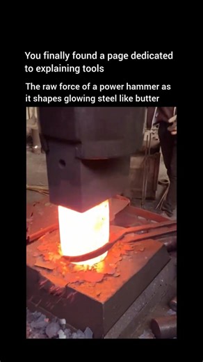 Explaining Tools on Instagram: "Forging Steel Like Butter 🧈 Power hammer is a mechanical forging tool designed to replace manual sledging by delivering rapid, high-intensity blows to shape glowing-hot metal. It works by using an external power source—usually an electric motor or compressed air—to drive a heavy "ram" up and down. This allows a blacksmith to manipulate large volumes of steel with incredible speed and consistency, far exceeding the physical limits of human strength. The mechanism 