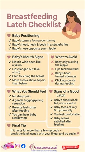 First Choice Club on Instagram: "“Struggling with breastfeeding pain or shallow latch, mama? 🤱💛 Here’s a simple latch checklist to help you breastfeed comfortably and pain-free. Save this for your next feed!” ⸻ A good latch makes breastfeeding comfortable, helps your baby get more milk, and protects you from nipple pain or cracks. Here’s a simple Breastfeeding Latch Checklist every new mom should know: ⸻ 💛 1. Baby Positioning ✔️ Baby’s tummy facing your tummy ✔️ Baby’s head, neck & body in a 
