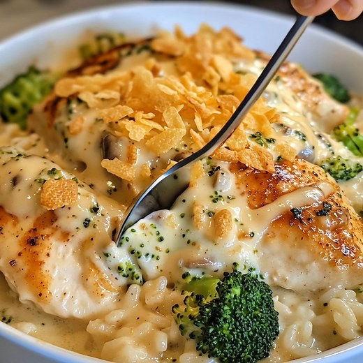 Swiss Chicken & Broccoli Bake A rich and comforting chicken casserole layered with rice, tender broccoli, creamy mushroom sauce, melty Swiss cheese, and a crispy fried onion topping. Ingredients: 4 boneless, skinless chicken breasts 1 cup shredded Swiss cheese 1 can (10.5 oz) cream of mushroom soup 1/2 cup sour cream 1/2 cup milk 1 cup steamed broccoli florets 1 cup cooked rice 1 cup French fried onions Salt and pepper to taste 1 teaspoon garlic powder 1 teaspoon onion powder | Homestyle Cooking