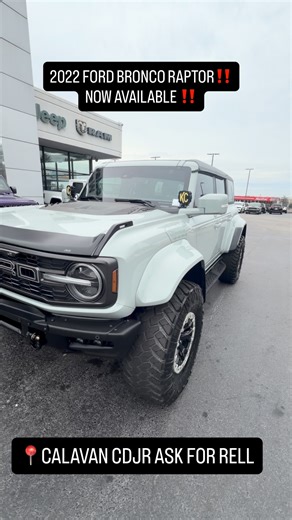 Rell at Calavan Cdjr on Instagram: "2022 Ford Bronco Raptor 🏁 Built to dominate on-road and off-road. Twin-turbo power, widebody stance, FOX suspension, and that unmistakable Raptor attitude. This isn’t just a Bronco — it’s the top of the food chain. ✔️ 3.0L Twin-Turbo V6 ✔️ 418 HP / 440 lb-ft torque ✔️ Advanced 4x4 + locking diffs ✔️ Massive 37” tires ✔️ Removable roof & doors for open-air vibes Available now — come see why this is one of the most sought-after SUVs on the market. DM me or pull