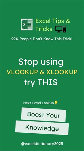 Excel Dictionary | Excel Expert on Instagram: "Stop using VLOOKUP or XLOOKUP… this new Excel formula is a game changer! 🔥📊 99% log nahi jaante — but now YOU will. 💡 #excel #exceltips #exceltricks #spreadsheets #corporate #finance #microsoftexcel"