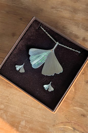 Ginkgo Jewelry Set in Sterling Silver – Large Pendant With Chain and Stud Earrings - Etsy