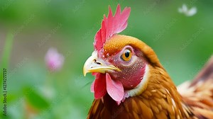 A brown chicken looks directly into the camera in a close-up shot