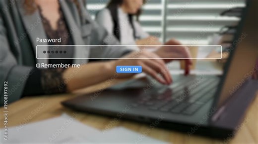 A woman types a password into a website form box on her computer in a busy workspace. Another person is seen in the background.