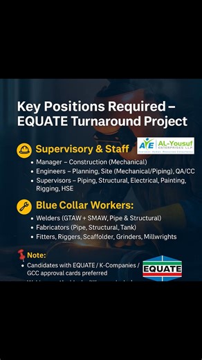 #FREERECRUITMENT – #EQUATE Turnaround Project, Kuwait 📅 Project Duration: Dec 2025 – Feb 2026 (Temporary Employment Basis) ✈️ Mobilization: 1st Week of Dec 2025 📌 Demobilization: 2nd Week of Feb 2026 👨‍💻 Interviews • Online Interview – Staff & Supervisory (by EQUATE Team) • Direct Client Interview – Blue Collar (Interview Practical Test) 🛂 Visa & Documentation • Temporary Construction Visit Visa • PCC attested by Kuwait Consulate (mandatory) • Pre-Medical as per Kuwait norms 🍴 Benefits • F