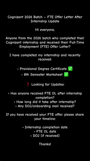 Cognizant 2026 Batch – FTE Offer Letter After Internship Update