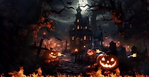 Spooky Halloween Haunted House with Glowing Jack-o'-Lanterns