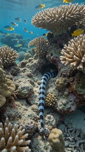 Sea snake climbed into a coral hole. #OceanMystery #ConeSnail #MarineLife #HiddenHunter #Underwater