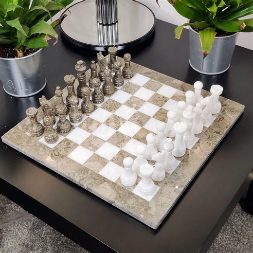 Handmade Marble Chess Set: Grey & White Marble Stone With Black Velvet Case - Etsy