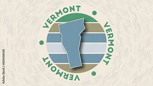 Vermont logo intro. Badge with the circular name and map of US state. Radiant Vermont round logo animation.