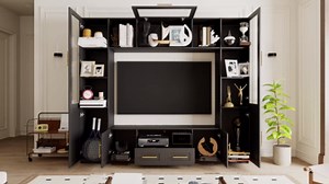 Mekminop 4-Piece Wall Unit TV Stand with LED Lights for TVs up to 70", Large Entertainment Center with Bookshelves & Bridge, Modern TV Console for Living Room, Black