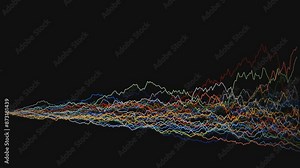 Simulation of a multi colored price path, according to a "monte carlo" simulation, representing the behavior of a stock market according to a geometric brownian motion. Black background.