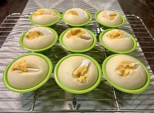 Yummy and soft puto with salted egg..😋 Ingredients: 2 cups all purpose flour 1 cup white sugar 1 1/2 tbsp baking powder 1/4 tsp salt 2 packs bear brand swak 1 1/2 cups water 2 tbsp melted butter 1 tbsp cooking oil 2pcs eggs sliced salted eggs for toppings | My Simple Recipe