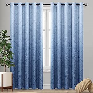 DWCN Navy Blackout Damask Curtains for Bedroom - Ombre Patterned Thermal Insulated Energy Saving Grommet Curtains for Living Room, Set of 2 Gradient Window Curtain Panels, 70 x 96 Inch Navy Blue