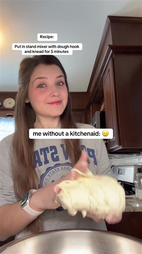 I am the mixer 🥲 Maybe one of these days we will get one but honestly we don’t have much counter space or cabinet space to store one! Plus using my hands means less dishes 🤷‍♀️ #kitchenaid #standmixer #kneading