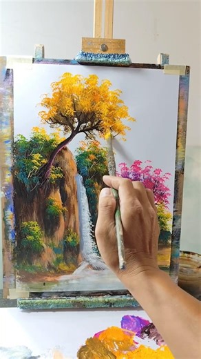 Golden Tree on Cliff Waterfall 🌄 Easy Acrylic Painting Tutorial