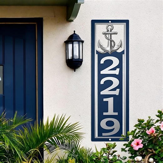 Custom House Number Sign With Anchor, Personalized Vertical Address Plaque, Metal Yard Art - Etsy