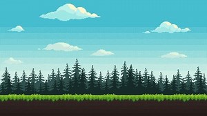 Forest pixel art background animation. 2d pixel video game daytime with green grass, fir trees and floating clouds. Animated looping nature landscape.