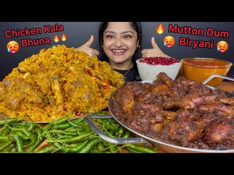 MUTTON HYDERABADI DUM BIRYANI WITH GREEN CHILLIES AND SPICY CHICKEN KALA BHUNA, ANAAR RAITA & GRAVY