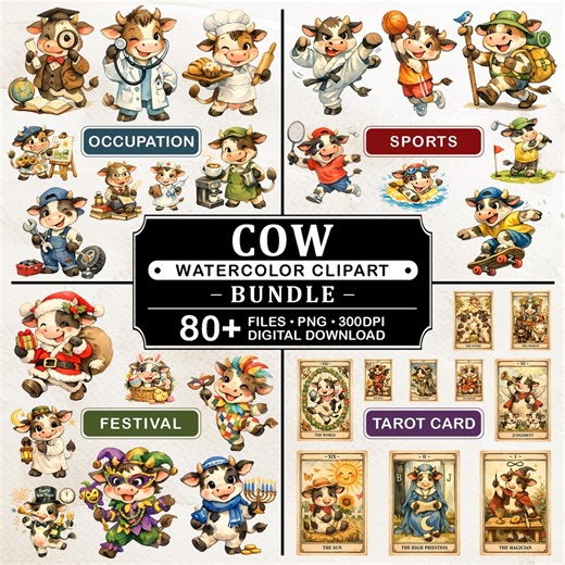 80  PNG Cow Watercolor Clipart Bundle, Cute Cow Collection, Occupation Sports Festival Tarot Animals, Transparent Background - Etsy