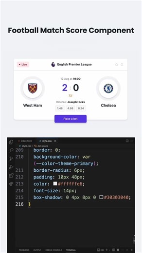 asmin_creates on Instagram: "Football Match Score Component | Live Score UI Clean layout. Match-day vibes. 💬 Comment “SCORE” to get the source code ⚠️ Only followers will receive the code 🧠 Built with clean HTML, CSS & JavaScript ‼️ FOLLOW TO GET THE CODE ‼️ Follow for more 👉 @asmin_creates2 👥 Tag your football & coding friends 🧑‍💻⚽ 📌 Save for later #footballui #scoreboard #matchscore #webdesign #uicomponent html css javascript frontenddeveloper codingreels webdeveloper reelsinstagram vir