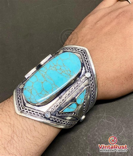Turquoise Stone Silver Cuff Bracelet – Handmade Tribal Boho Statement Jewelry - Etsy