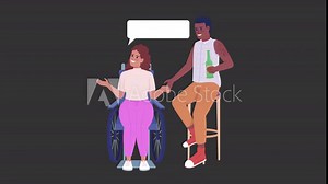 Animated disabled support characters. Lady in wheelchair with friend. Full body flat people on black background with alpha channel transparency. Colorful cartoon style HD video footage for animation