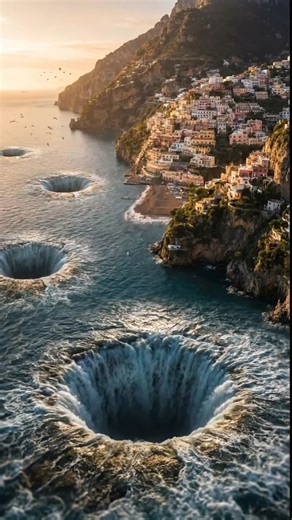 Giant holes suddenly open across the ocean, swallowing water and leaving eerie stretches of exposed seabed. A glimpse into the unseen forces reshaping our seas. 🌊⚫ #oceandrains #earthanomalies #mysteriouswaters #hiddendepths #earthimpacts