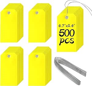 500 Pieces Plastic Shipping Tags with Wire Waterproof Hang Tags Heavy Duty Labeling Tags with String Wires Tags Labels Labeling Tags Stacking Tags for Equipment Car Parts (Yellow, 4 3/4 x 2 3/8)