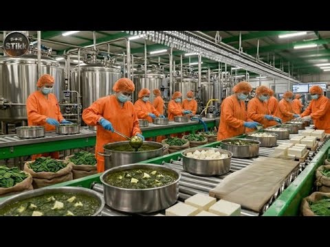 Inside a Saag Paneer Factory — Spinach Curry & Paneer Cooked, Packed & Sealed (Full Process)