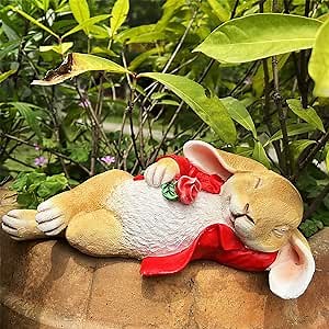 Garden Statues Easter Bunny Decorations Rabbit Figurine Tabletop Decor, Animal Sculpture Ornament for Yard Lawn Patio Office Living Room Outdoor Indoor Thanksgiving Xmas (Red)