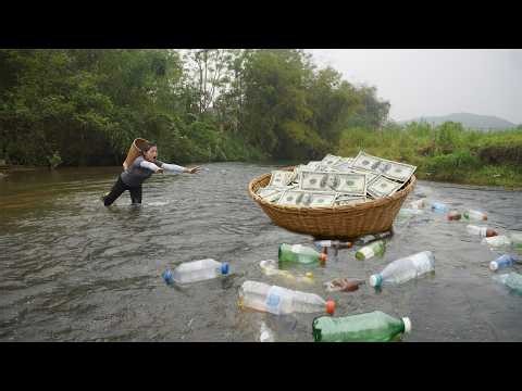 The basin floating on the stream contained an unexpected treasure, which the girl scooped up.