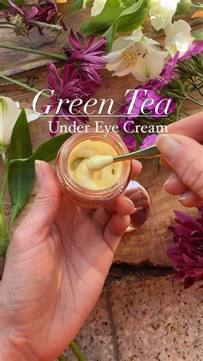 Holly Brandenberger | Essential Oil Education on Instagram: "I love this recipe for dark eye circles, puffiness, wrinkles and fine lines. It is light weight, non-greasy, slightly cooling and absorbs quickly leaving your skin feeling SO soft. Infused green tea oil works to reduce puffiness as caffeine tightens blood vessels which helps make the skin appear less swollen and more refreshed. The Aloe Vera is cooling and hydrating, the shea butter and rosehip oil moisturize and the essential oils and