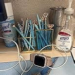 Gold & Blue Glass Desk Organizer - Elegant Office Decor, Aesthetic Makeup Brush Holder & Skincare Organizer, 4-Compartment Pen Holder, Pencil Cup, Vanity & Cosmetic Storage, Desk Accessories for Women