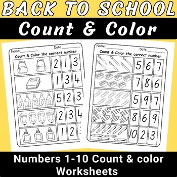 Back to School Count & Color Numbers 1–10 Worksheets | Kindergarten Math Review