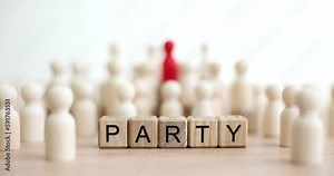 Word Party made of wooden cubes against crowd of white figurines and red figure standing out. Fun activities and entertainment concept