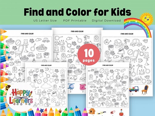 Find and Color for Kids, 10 Hidden Object Coloring Pages, Printable Seek and Find Activity Book, Preschool & Kindergarten PDF Download - Etsy