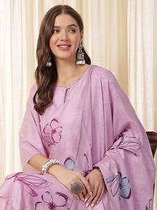 Buy Anouk Pink Floral Printed Keyhole Neck Pure Silk Straight Kurta With Trousers & Dupatta -  - Apparel for Women
