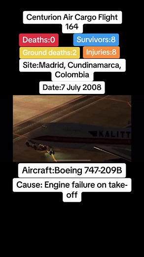 Centurion Air Cargo Flight 164 was a chartered international cargo flight, flying from Bogota's El Dorado International Airport while en route to Miami International Airport. The flight was operated by Kalitta Air and the aircraft was wet leased by Centurion Air Cargo. On 7 July 2008, the aircraft, a Boeing 747-209BSF registered as N714CK, crashed shortly after takeoff. All aboard suffered injuries, but none were killed. Two people on the ground were killed after the plane slammed into a farm. T