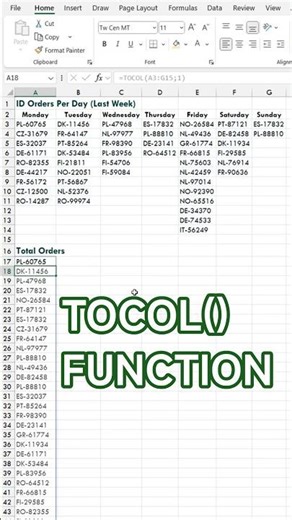 TOCOL Function Flattens Any Range Into One Column Instantly #excel #spreadsheet #shorts
