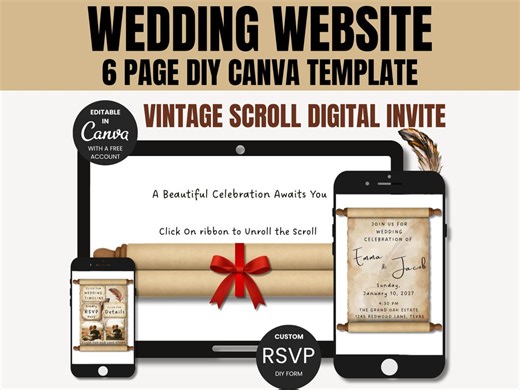 Vintage Scroll Wedding Website Invitation | Editable Canva Template | Digital Clickable Roll Parchment Invite - Etsy