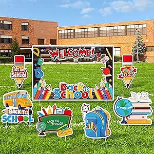 7 Pieces Welcome Back to School Yard Signs with Large Blackboard Photo Frame 2025 First Day of School Lawn Signs with Metal Stakes for Classroom Garden Back to School Outdoor Lawn Sign Decor