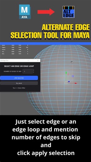@chandankharkia on Instagram: "Alternative Edge Selection Tool helps you quickly select alternate edges and loops in Maya with just one click. No more manual picking, no complicated setup. . . Download Link in Bio : ) . . . Autodesk Maya Max 3d Blender Python Script #3dart #3dmaya #blender #autodesk"