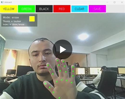 Building AI Virtual Painter ( an Airboard) with Computer Vision I’ve been working on a small computer vision project called Airboard — a virtual drawing board that lets you draw in the air using only… | Saloxiddin G opirjonov