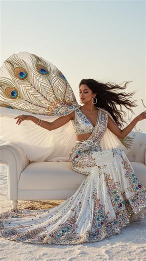 Recher T on Instagram: "Draped in timeless white 🤍 Exclusive mirror work shimmering with every move, paired with a cape adorned in peacock-inspired beads and intricate embroidery — where heritage meets haute ✨🦚 #fashion #saree #sareefashion #photoshoot #ai AI Designs & Outfits by @recher_aiartist"