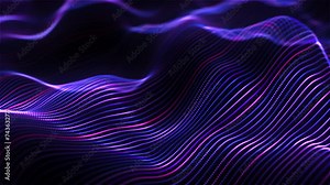 Glowing dotted lines on the wavy surface. Abstract concept of sound waves, artificial intelligence or data analysis. 4K looped video of three-dimensional flowing colored soundwaves on black background