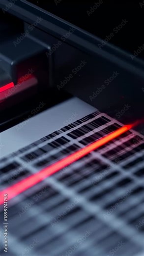 Vertical video: Red laser appearing top-left and scanning sheet in printer, shifting carriage