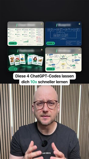 📌 Link zu allen 4 Codes mit Beispielen → https://niklas.how/174 📚 Mit diesen 4 Codes macht ChatGPT aus jedem Thema eine Lernhilfe: 📄 Cheat Sheet 🧩 Blueprint 🃏 Flashcards 🧠 Mindmap Einfach Code Thema eingeben. Kommt nur Text zurück, schreib „Erstelle das Ergebnis jetzt als Bild